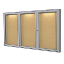 Ghent 96" x 48" 3-Door Aluminum Frame Enclosed Natural Cork Tackboard w/ Concealed Lighting