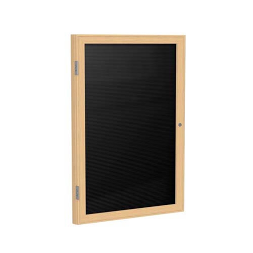 Ghent 18" x 24" 1-Door Wood Frame Oak Finish Enclosed Flannel Letterboard - Black