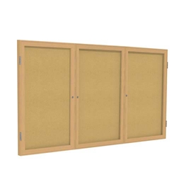 Ghent 72" x 48" 3-Door Wood Frame Oak Finish Enclosed Tackboard - Natural Cork