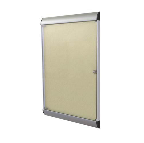 Ghent 26.5" x 42.125" 1-Door Silhouette Enclosed Tackboard, Satin Frame w/ Vinyl Fabric - Caramel