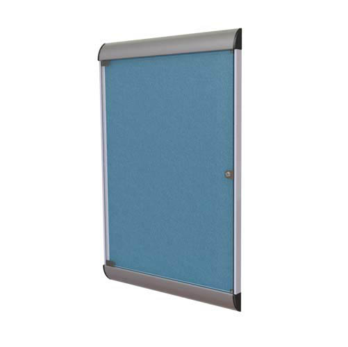 Ghent 26.5" x 42.125" 1-Door Silhouette Enclosed Tackboard, Satin Frame w/ Vinyl Fabric - Ocean